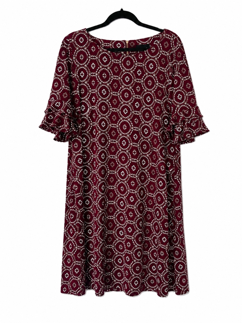 RN Studio by Ronni Nicole XL Burgundy Geometric Print Dress Ruffle Sleeve